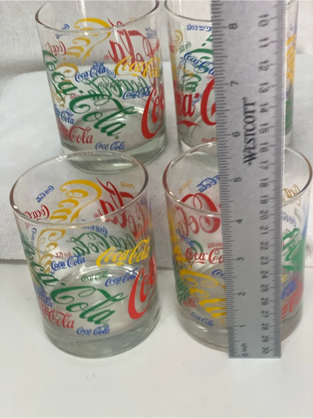 Coca Cola Set of 4 Multicolor Logo Glass 12 ounce Retro Repeated Logo Colorful